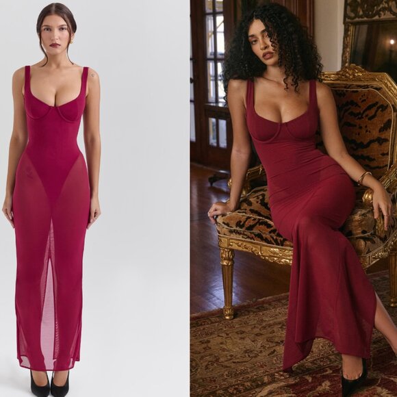 House of CB 'Robina' Wine Stretch Mesh Maxi Dress NWT - Picture 1 of 9